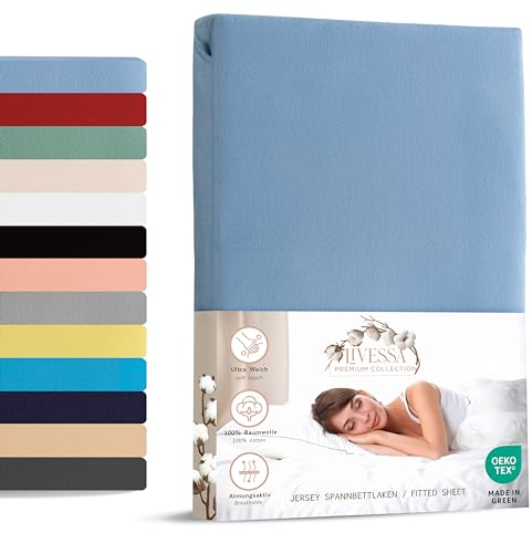 Livessa Spannbettlaken 140x200cm aus Baumwolle Single-Jersey Stoff 140 g/m², Spannbetttuch/Bettlaken, Oeko-TEX Zertifiziert (M24M05FF9), passt auch für 150x200 cm Matratzen