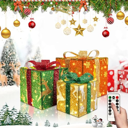 Robofun Boîte Cadeaux Lumineuse de Noël, Lot de 3 Boîte Cadeaux Lumineuse de Noël avec Noeud, Boîtes Cadeaux LED pour Decoration Noel, Intérieur et Extérieur-Rouge, Vert et Jaune