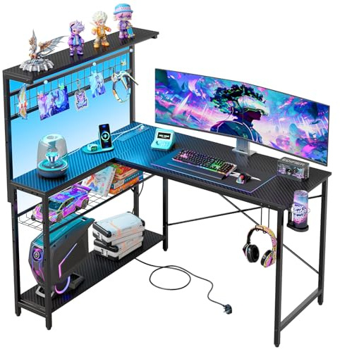 Bestier L-Shaped Gaming Desk with Power Outlets, LED Workstation with 4 Tiers Shelves for Home Office, Gamer Reversible Table with Hooks and Cup (BDCF, 129cm)
