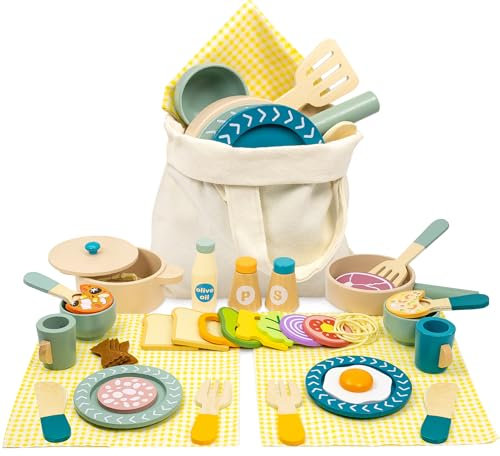 36pcs Wooden Toy Pots And Pans Sets for Toddlers,Wooden Kitchen Toys Accessories Cooking Set Food Cookware Pretend Play Toys for Kids Girls and Boys