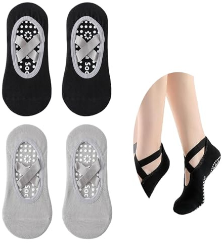 Chaussettes De Yoga (2 Paires), Taille 35-41 Chaussettes Pilates en Coton, Chaussettes de Yoga antidérapantes, Pour Barre Ballet Danse Fitness,confort à 100%, Noir + gris
