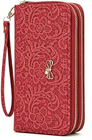 AdiStylinno Monedero para mujer, cartera de piel sintética para dama, textura de flor, gran capacidad, embrague con ranuras para múltiples tarjetas, bolsillos para monedas de teléfono, rojo, 20 * 10,5