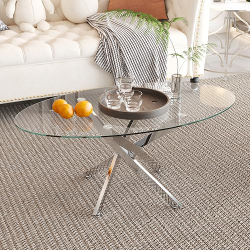GOLDFAN Oval Glass Coffee Table with Chrome Crossed Legs, Modern Clear Tempered Glass Centre Table for Living Room, Office or Apartment