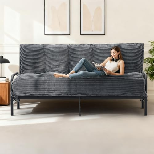 feliz home 10 Futon Mattress Queen Size,Futons Sofa Couch Bed with Straps, Thick Corduroy Floor Mattress for Adults, Roll Up Folding Mattress Shredded Foam Filling, Medium Firm (Gray, Full)