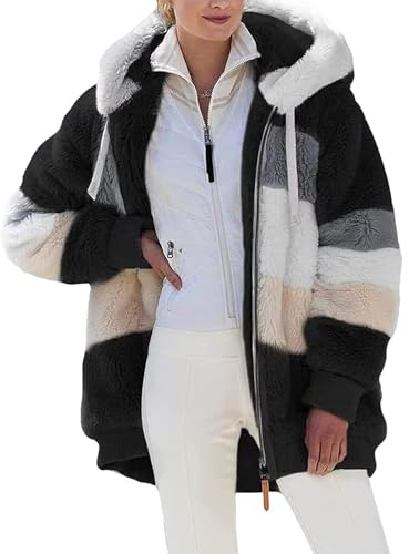 GUCURIN Womens Oversized Fleece Teddy Hoodie Full Zip Up Sherpa Jacket Winter cozy Coat(Black,L)