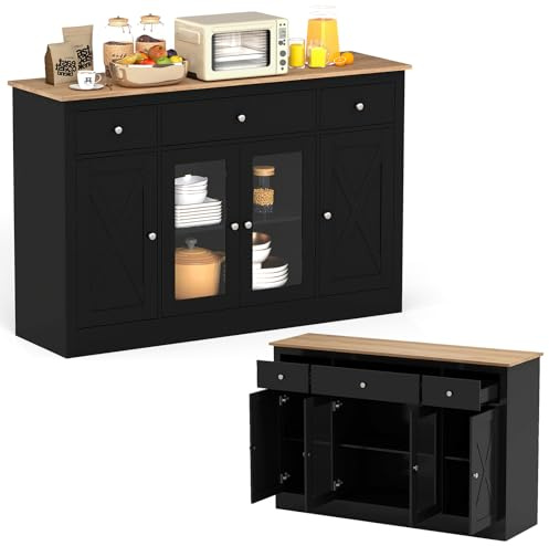 KOMFOTTEU Mobile Buffet Basso, Credenza Moderna da Cucina con 3 Cassetti, 3 Armadi con Ante, Mobiletto Multiuso con Ripiani Regolabili per Soggiorno, Sala da Pranzo, 140x40x90cm (In 2 Pacchi) (Nero)