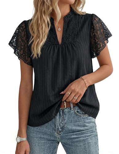 Women's Lace Cotton Elegant Top Henley V Neck Ruffled Sleeve Blouse Ladies Summer Casual Going Out Tops Black M
