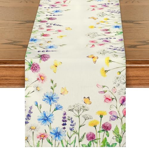 DEMIUKO Seasonal Floral Table Runner Summer Spring Beige Table Linen Centerpiece Washable Runner Vintage Kitchen Dining Table Decoration for Home Bridal Shower Wedding Party 32x180cm