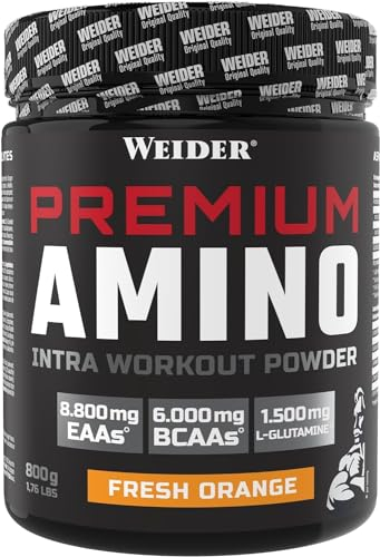 Weider - Premium Amino - Intra-Workout Drink mit EAAs, Kohlenhydraten und Elektrolyten - Aminosäuren Komplex mit L-Glutamin - Für mehr Energie beim Training - 800g - Fresh Orange