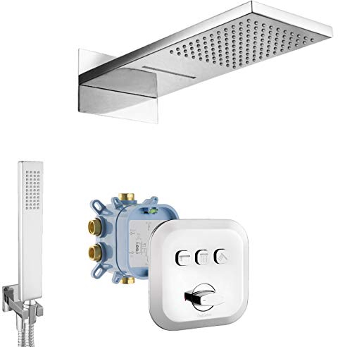 PaulGurkes Unterputz Dusch Set Wasserfall 3-Wege Action Select Dusche Duschsystem Armatur eckig Komplettduschsystem massiv Messing Unterputzmontage Wandbefestigung Luxusdusche Komfort Fertigdusche