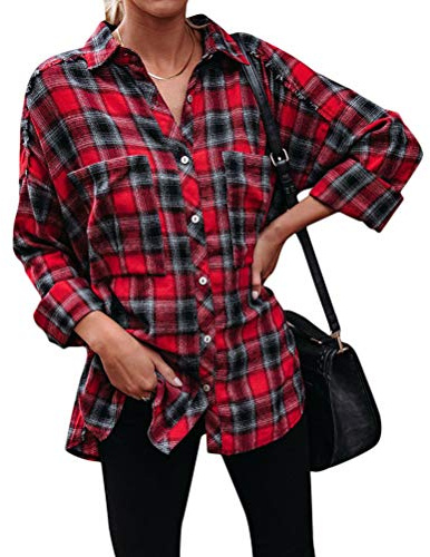 Onsoyours Femmes Chemisier Rayures Carreaux Surchemise en Laine Chemisier Carreaux Femme Chemise Bucheron Ecossaise Blouse Gilet T Shirt Casual Vintage Rouge L