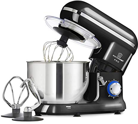MisterChef PRO Professional Electric Kitchen 1600W Food Stand Mixer BLACK - BIG BOWL - 3 Attachments: Eggbeater, Dough Hook & Stainless Steel Whisk - 5.5L Stainless Steel Bowl