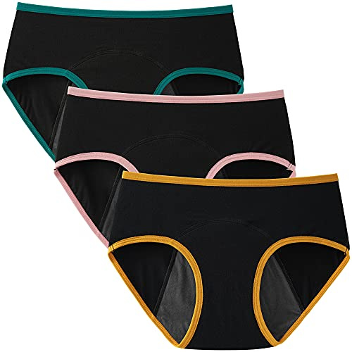 INNERSY Bragas Menstruales Niña Algodón Flujo Ligero, 12-14 Años, 3 Negro