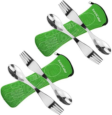 Wiederverwendbare Edelstahl Sporks, 4 Stück Tragbares Göffel Löffel Gabel Langlebiges Campingbesteck Set mit Tasche für Reise-Outdoor-Picknick - Grün