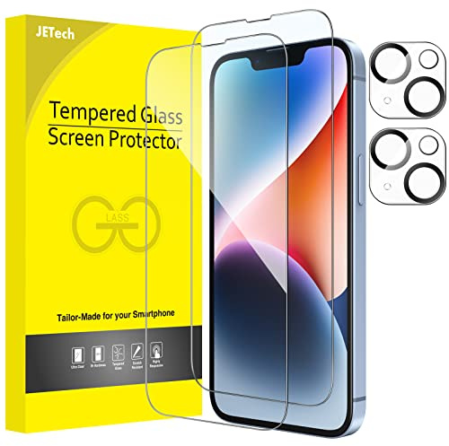 JETech Skärmskydd för iPhone 14, 2+2-Pack | med Kameralinsfolie, 9H Härdat Glas, Heltäckning, HD-Klar, Fodralvänlig