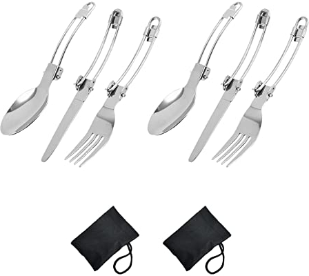 2 Sets (6 Pcs) Foldable Cutlery Set Portable Travel Stainless Steel Cutlery Travel Picnic Tableware with 2 Storage Bags for Picnic Hiking Camping Traveling