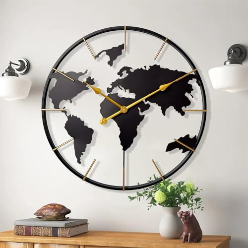 Large World Map Wall Clock,Metal Minimalist Modern Clock,Round Non-Ticking