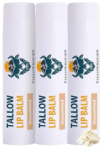 Tallowbourn Moisturizing Tallow Lip Balm – Grass-Fed Beef Tallow with Organic Coconut Oil, Beeswax, and Vitamin E – Unscented Lip Balm Set – Travel Essential - 3-Pack