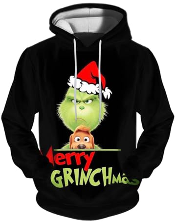 QWUVEDS Herren und Damen Weihnachten Christmas Hoodies Lustige kreative 3D Pullover Sweatshirt für Jungen Mädchen Langarm Hoodie Kordelzug Sweatshirt Grinch Pullover Decken Hoodie Grinch Kleidung
