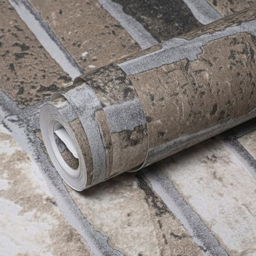 Camiraft Rustic Brown Brick Effect Wallpaper 3D Brick and Stone Pattern Effect Non-Woven Fabric Pattern Anti-Fouling Texture Bookcase Wallpape Vintage Slate 9.5m* 0.53m