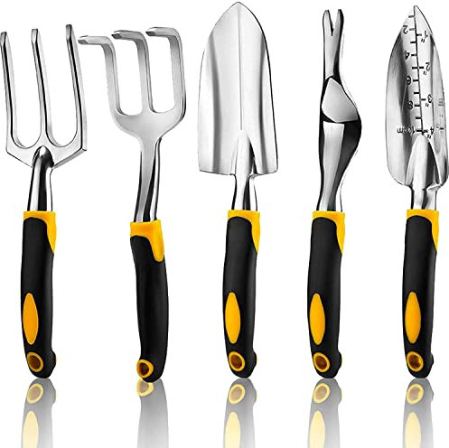 MAYHORY 5 Piece Gardening Tools Set Including Trowel, Transplanted, Cultivator, Weedier, Weeding Fork, Garden Tools with Heavy Duty Cast-Aluminium Heads & Ergonomic Handles (5pcs)