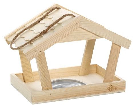 Vogelhaus aus Holz, Futterhaus für Vögel hängend mit Napf oder Tränke für Garten, Terrasse oder Balkon, Vogelfutterhaus