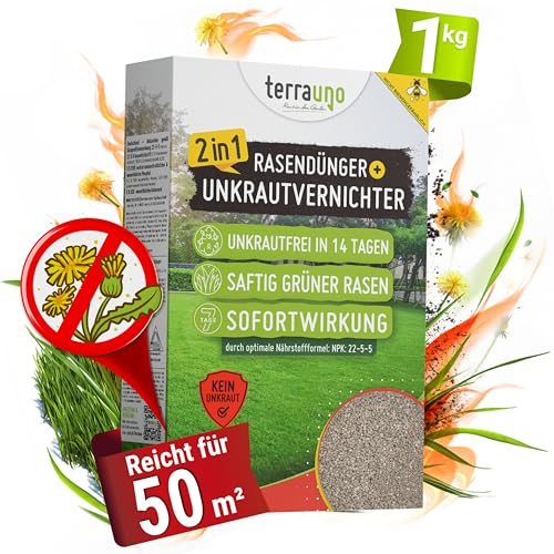 TerraUno Rasendünger mit Unkrautvernichter extra stark, 100 Tage Langzeitwirkung, 1 kg für 50 m², gegen Löwenzahn, Klee uvm., Rasenunkrautvernichter mit Dünger für saftiges Grün im Frühjahr & Sommer