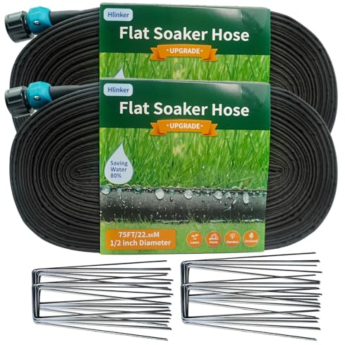 Hlinker 2025 Flat Soaker Hose 150 ft (75ft 2Packs) with Stake for Garden, Linkable Drip Hose DIY Automates Garden Irrigation System Saving 89% Water, Dual-Layer Leak-Free Design Water Hose with Holes
