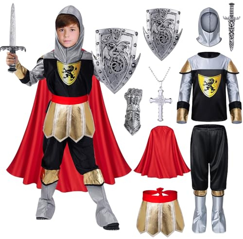 TOLOYE Deguisement Chevalier Enfant, Costume Chevalier avec Casque Épée Bouclier Cape, Cadeaux pour Garçons, Déguisement Medieval Costume Médiéval Noble für Carneval Cosplay Fête Roleplay (L)