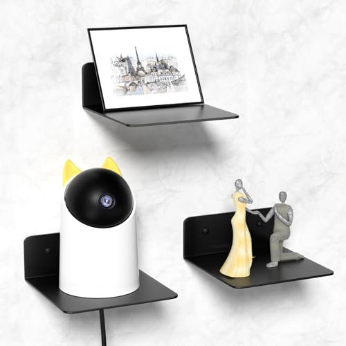 Wisfame Kleine Schwarze Wandregale, Metall Schweberegal 3er-Set, 12.5cm Mini Regale Wand für Kleine Gegenstände, Wandmontage Selbstklebende Regale für Wohnzimmer/Schlafzimmer/Büro, Duschregal