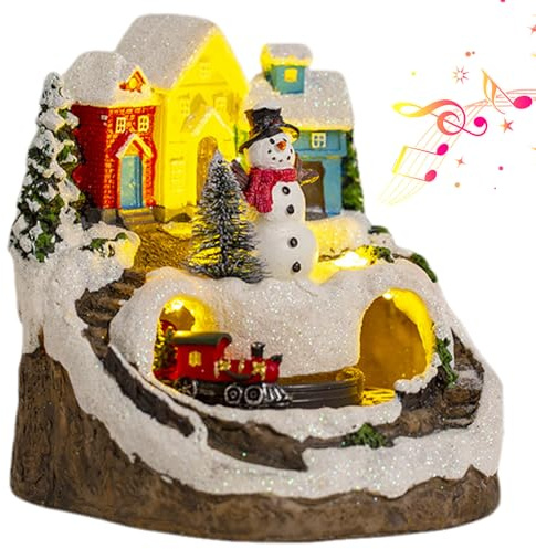 Jul by hus statyetter elektriskt tåg De Noel Electrique Pour Sapin musikalisk by De Noel Illuminé julby set jul tåg Maison De Noel Pour Village juldekor, snögubbe