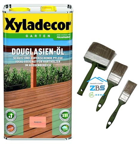 zbs24 Xyladecor Douglasien Öl 5 Liter, für Terrassendielen und Möbel, exellenter Wetter-und UV-Schutz, Schützt und Pflegt Hölzer im Aussenbereich inkl. 3 teiligem Pinselset