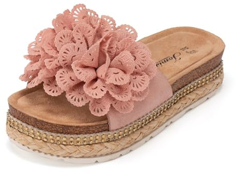 JOMIX Damen Sandalen Pantoletten mit Absatz Blumen Clogs Dicke Sohle Kork Hausschuhe Sommerschuhe Slipper Wandern Meer Strand Pool (Rosa, 38EU, WCF250334)