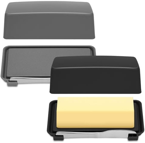 2 Pack Butter Dish with Lid, Gray & Black Plastic Butter Dish with Lid and Knife, Durable & Stylish Butter Crock Butter Container for Countertop & Fridge, Ideal Kitchen Gift, Easy-Clean Design