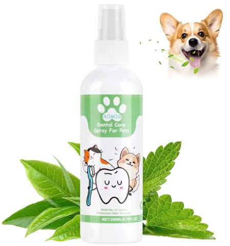 Aomig Spray de Dentaire pour Chiens Chats, 200ML Spray de Soins Dentaires avec Menthe Fraîche pour Animaux, Sans Rinçage ni Brossage, Élimine la Plaque Dentaire, Anti Tartre, Mauvaise Haleine