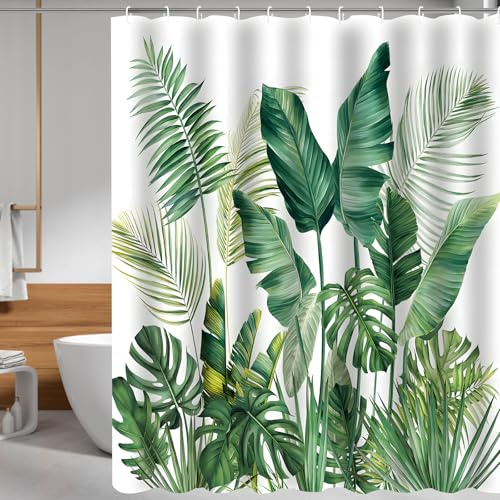 180x200cm Duschvorhang Grün Blätter Pflanzen - Antischimmel Duschvorhänge Wasserabweisend, Waschbar Polyester Textil Badevorhänge mit Ösen und Duschvorhangringe, Pflanzen Duschvorhang für Badezimmer