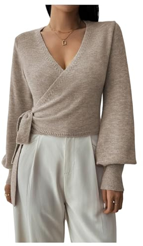 GORGLITTER Women's Wrap V Neck Tie Front Cardigans Long Sleeve Elegant Jumpers Pullovers Knitwear Khaki Medium