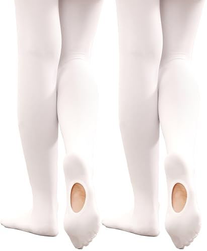 Hiltzo Girls Ballet Tights Convertible Dance Tights,Soft Stretchy Microfiber School Uniform Ballet Stockings for Kids, 70 Denier Strong Footed Pantyhose(6-8 Years,2 Pairs White)