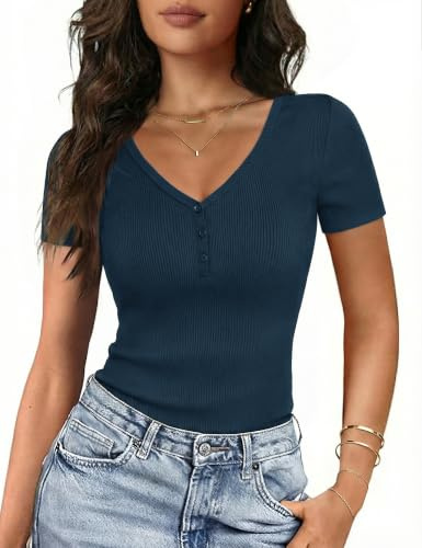 Gyabnw Tee Shirt Femme Manches Courtes Col V Boutonné Côtelé Moulant Sexy | Boutons décoratifs, lignes côtelées, doux, extensible, léger, près du corps et facile à assortir au quotidien chic