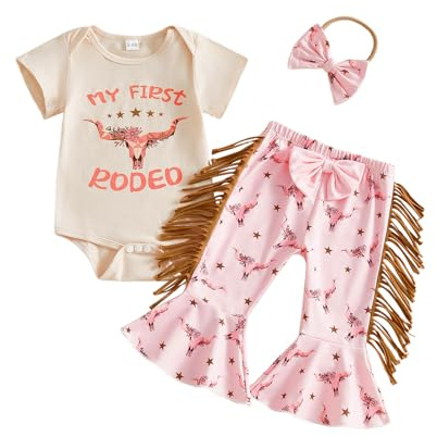Barbotimer Western Baby Girl Clothes Summer My First Rodeo Bodysuit Cow Print Tassel Flared Pants Headband Set Cute 3Pcs Newborn Welcome Home 1st Birthday Girl Outfit