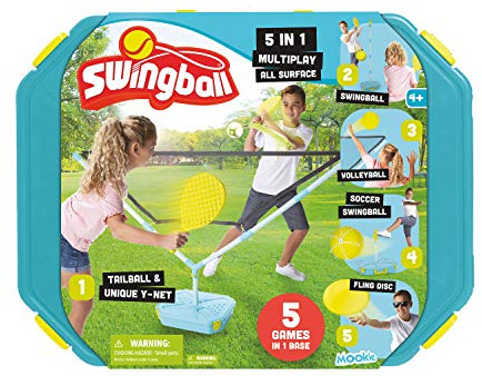 Swingball 5 in 1 Outdoor Game Set - Includes Tether Tennis, Tetherball, Volleyball, Tether Soccer, Tailball & Flying Disc, Blue Yellow, MK7276