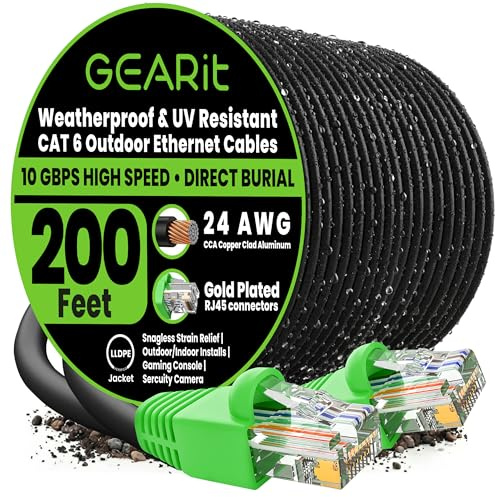 GEARit Cat6 Ethernet Cable 200ft, Outdoor Direct Burial Cat 6 Cable 24AWG High Speed Up to 10Gbps, LLDPE (PE) UV-Resistant Waterproof Jacket, CCA RJ45 Network Internet Cable for Router- Black,200FT