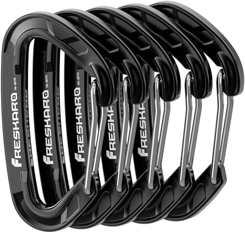 FresKaro 5pcs Carabiner Clips, caribeener clip Heavy Duty, Small Sturdy Key Keychain Accessory, Spring Snap Wiregate Hook, 8kN 1798lbs, for Hiking, Camping, Fishing, Not for Climbing, Mini Size, Black
