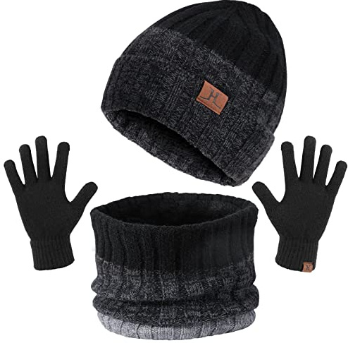 TAGVO 3in1 Bonnet D'hiver Bonnet Écharpe Ensemble de Gants pour Homme Femme, Doublure Molleton Doux Chapeau tricoté Chaud Cache-Cou Extensible Gants tactiles à 3 Doigts,Packs bonnet, écharpe et gants