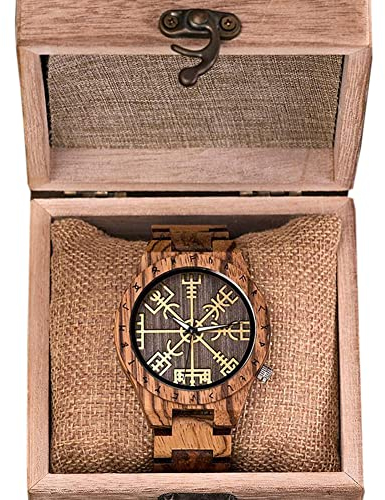 ZFSBRTL Wikinger Herrenuhr Holzuhr, Wood Armbanduhr mit Helm der Ehrfurcht Symbol Nordische Mythologie Holzarmband Vintage Verstellbare Quarzuhr Runenkreis Geschenk,Weiß