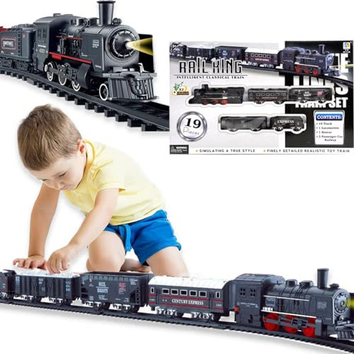 Xwin Classic Train Set for Kids with Light and Sound - 19Pcs Battery Operated Railway Toy with Tracks and Steam Locomotive, Train Playset for Boys and Girls Ages 3+ Years