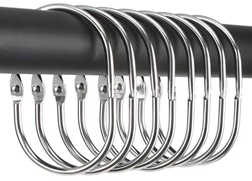 Goowin Shower Curtain Hooks, 12 Pcs Shower Curtain Rings Rust Proof Metal Oval Rings Clasp Closed Shower Curtain Rings for Bathroom Shower Rods Curtains（Chrome)