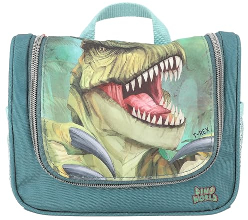 Depesche 12918 Dino World Danger Kulturtasche - Waschtasche in Grün, mit Trex Motiv und Dino Muster, Kulturbeutel mit Reißverschluss und Aufhänger, Mehrfarbig
