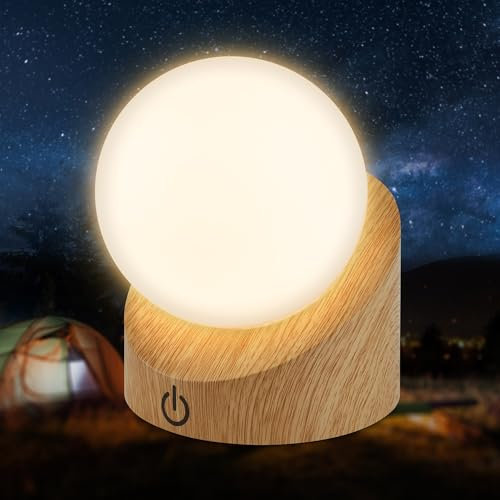 BRILONER - Mini LED Tischlampe kabellos IP54 mit Touch, dimmbar in Stufen, Akku & Lichtquelle tauschbar, Nachttischlampe, Kugel, LED Lampe, Akku Tischleuchte, Outdoor Lampe, 10x8x9 cm, Holzoptik