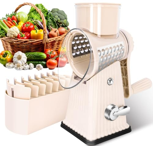 YHBRAK Rotary Cheese Grater with 5 Well-designed Blades & Strong Suction Base, Kitchen Mandoline Vegetable Slicer with Blade Storage Box(Off-white)